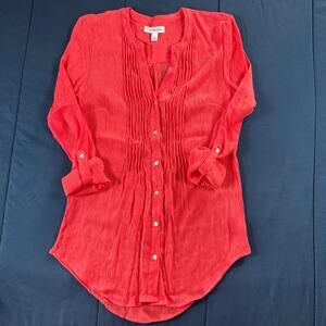 Kim Rogers Coral Crinkle Tunic Blouse Small Roll Tab Sleeve High Low Top